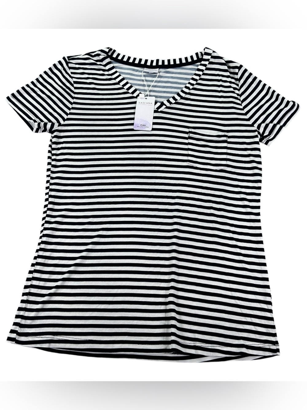 Lascana Pure Selection Striped V-Neck Pocket Tee Women’s S 4/6 Black White NWT